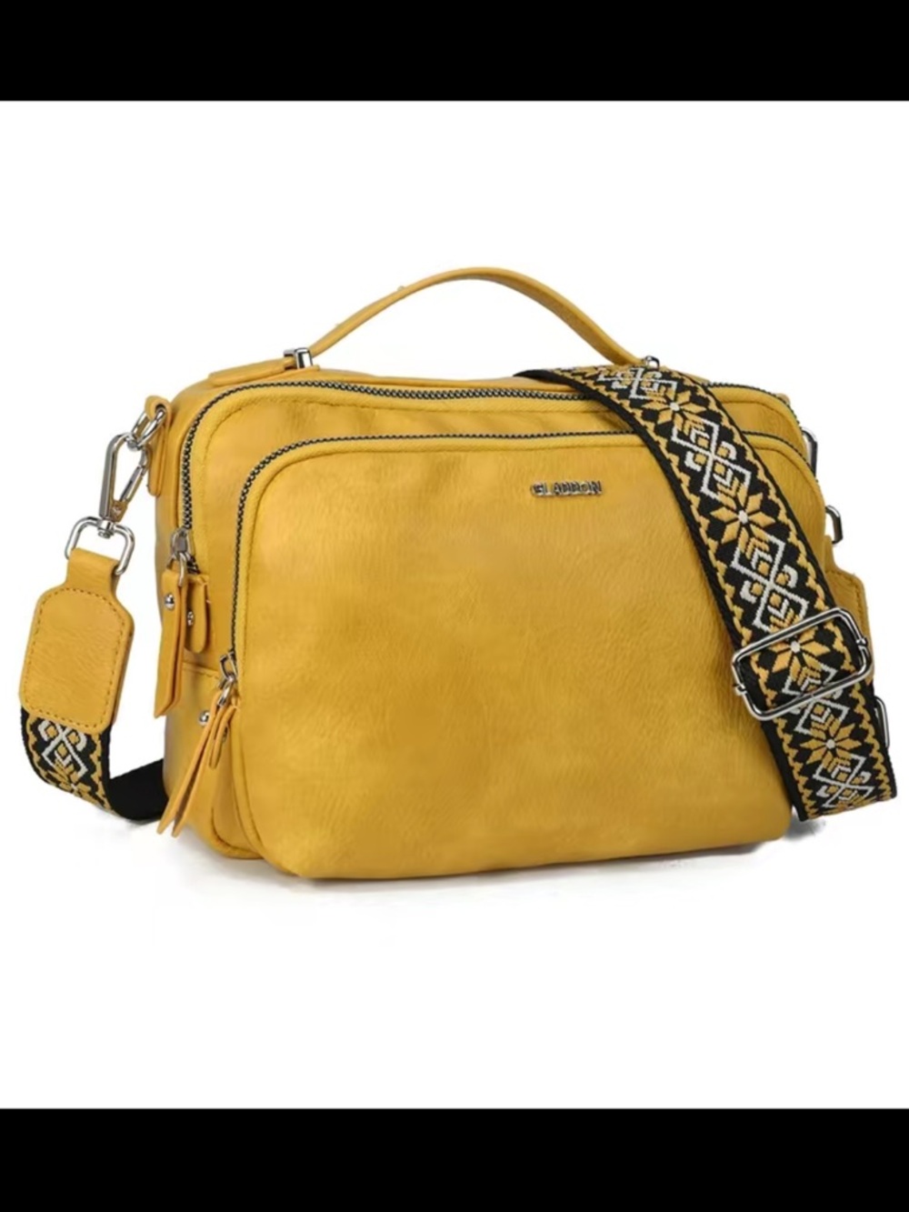 Yellow Vegan Leather Crossbody Bag with Patterned Strap